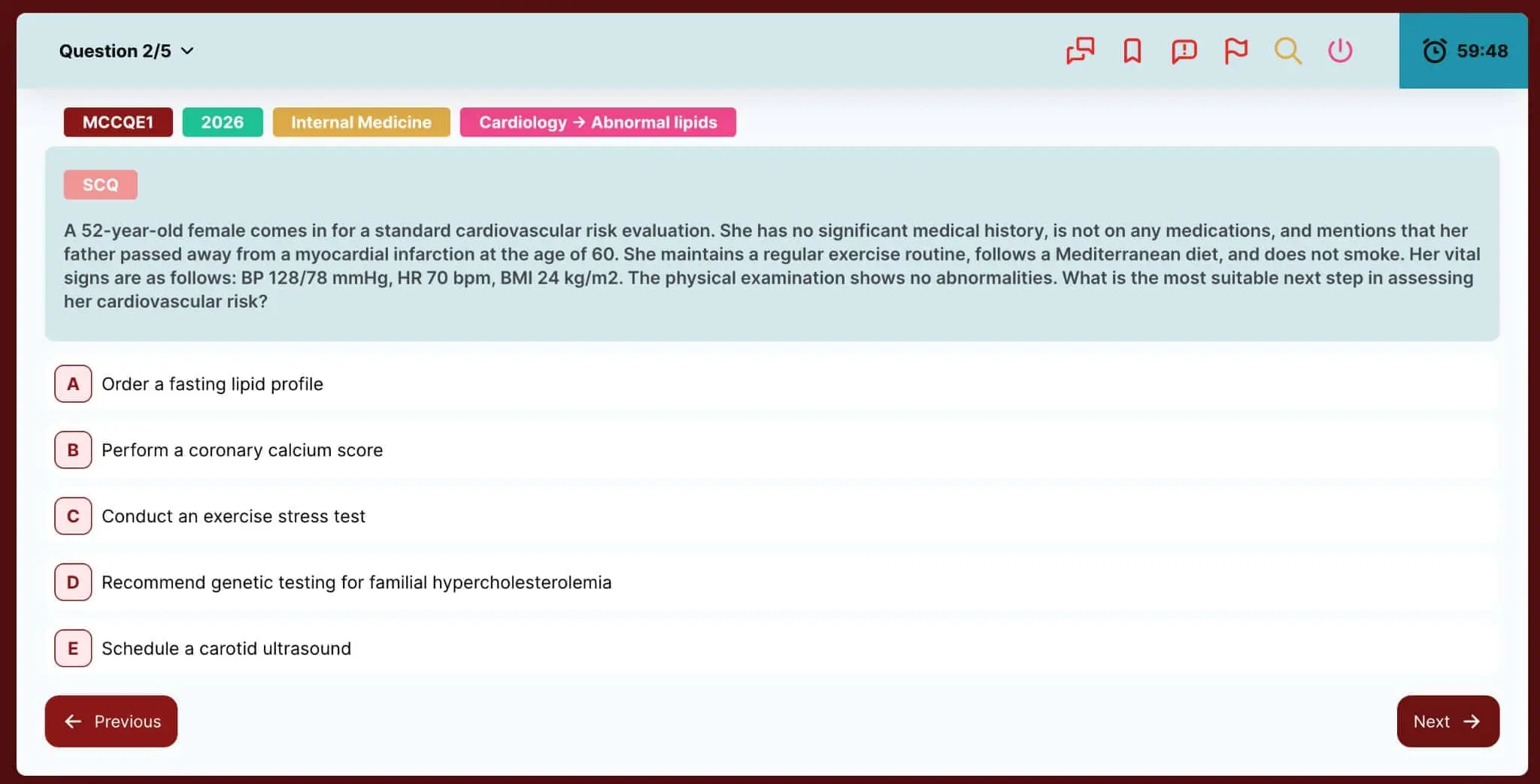 AllQbanks MCCQE Part I exam simulation interface showing Prometric-style layout