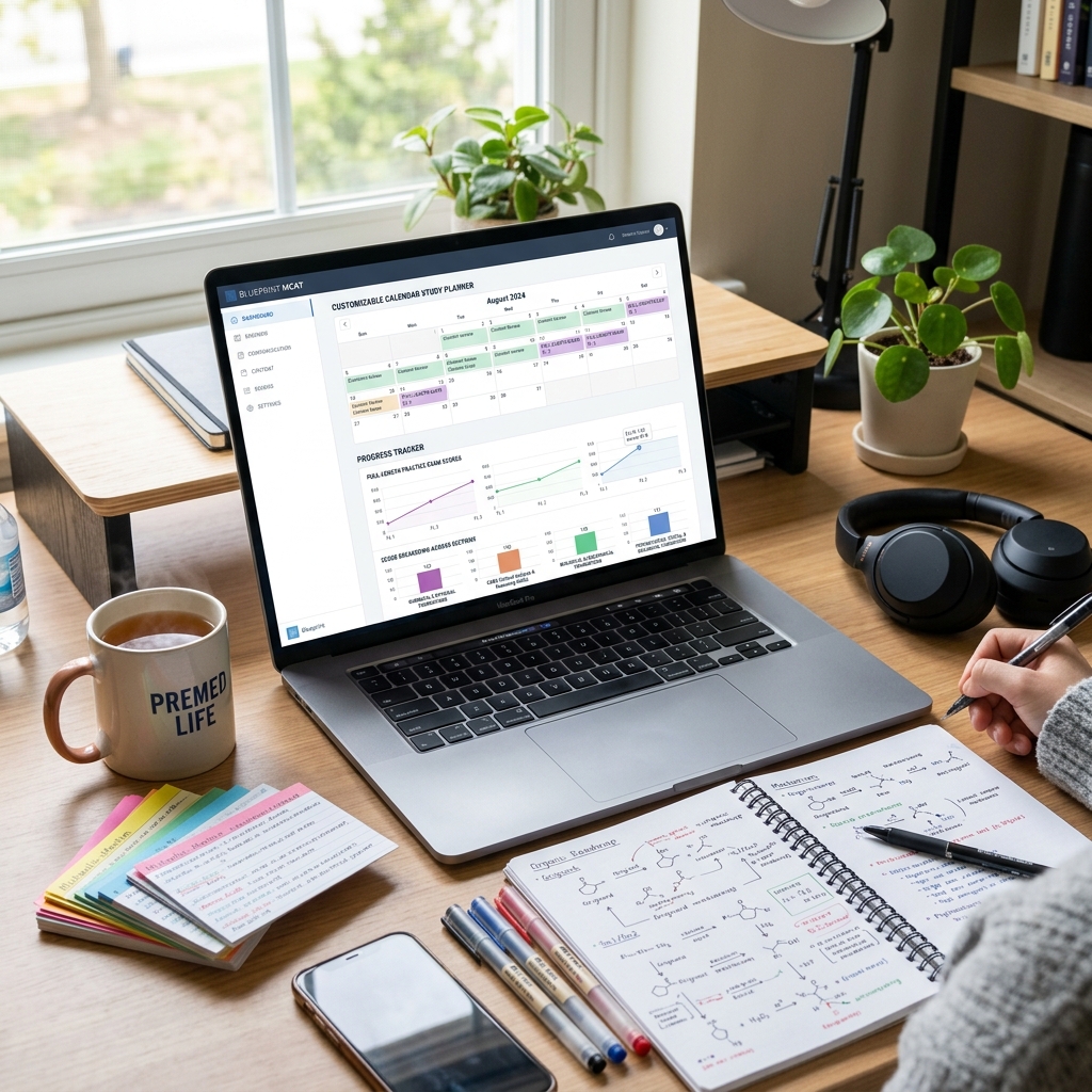 Blueprint MCAT prep course interface, practice tests, and study planner
