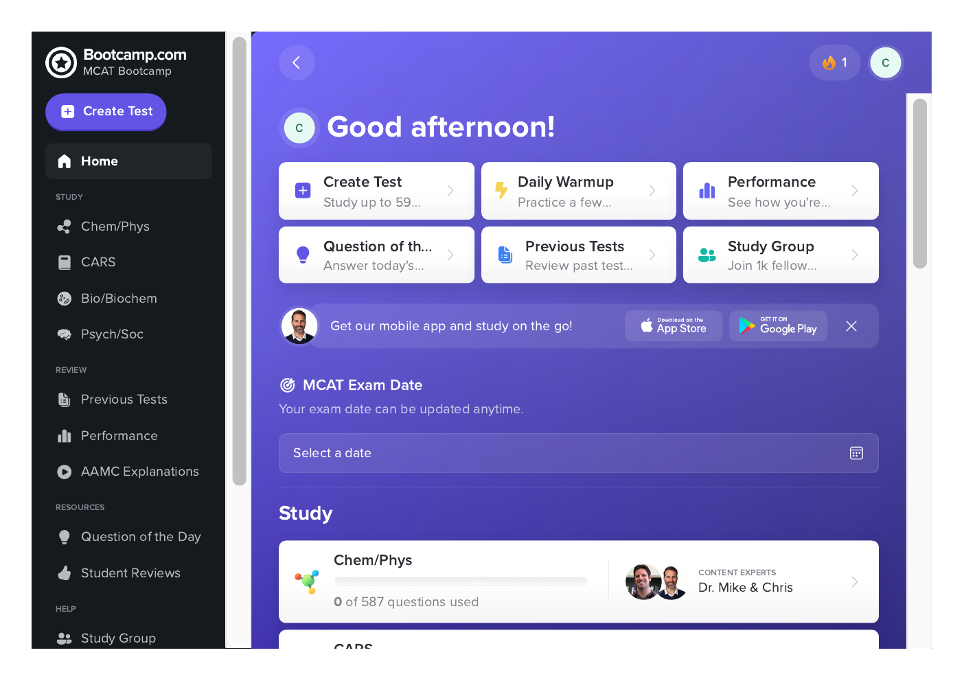 Signed-in MCAT Bootcamp dashboard showing section navigation, Create Test, Daily Warmup, Performance, and study progress