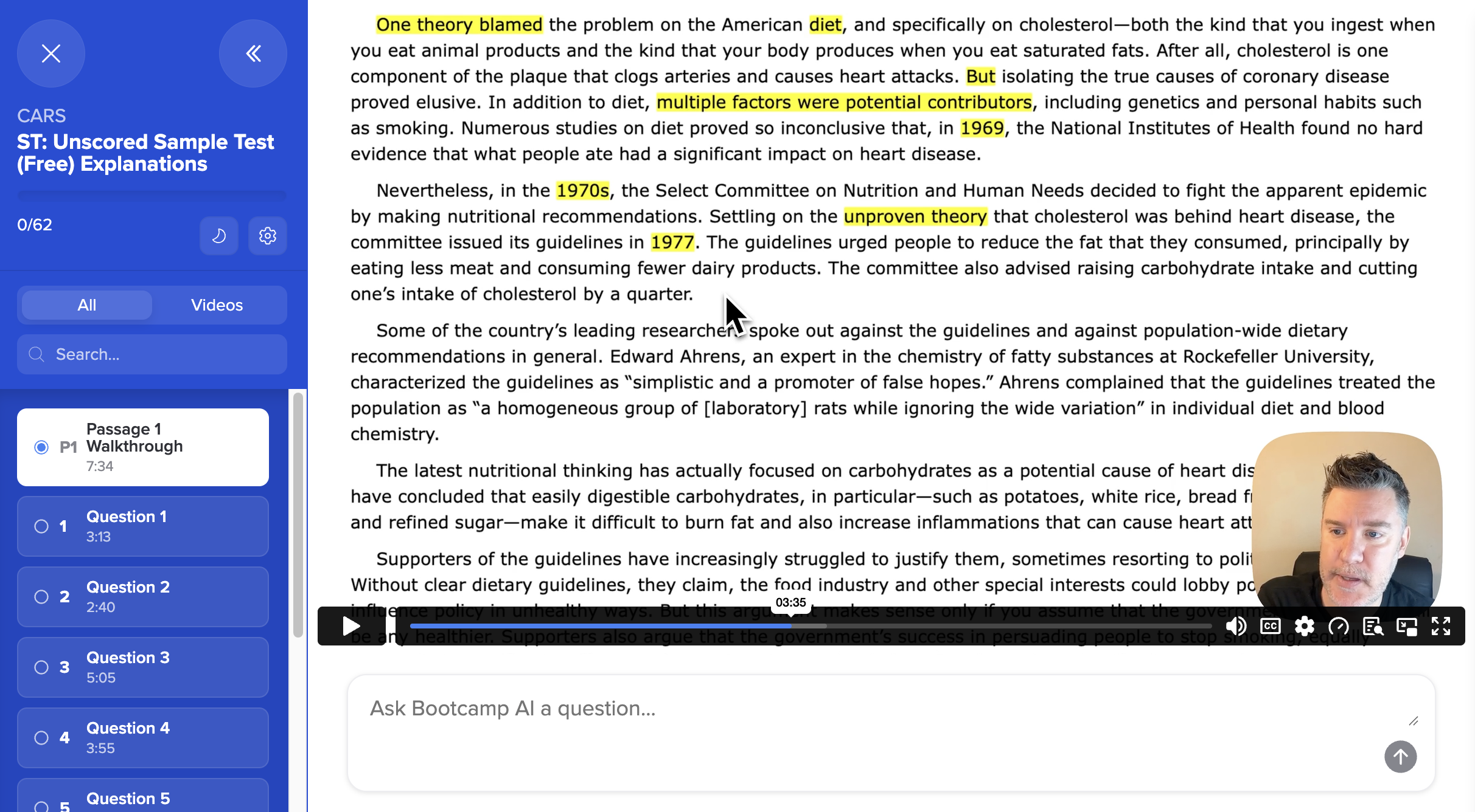 MCAT Bootcamp CARS video walkthrough with highlighted passage text, question navigation, and Ask Bootcamp AI