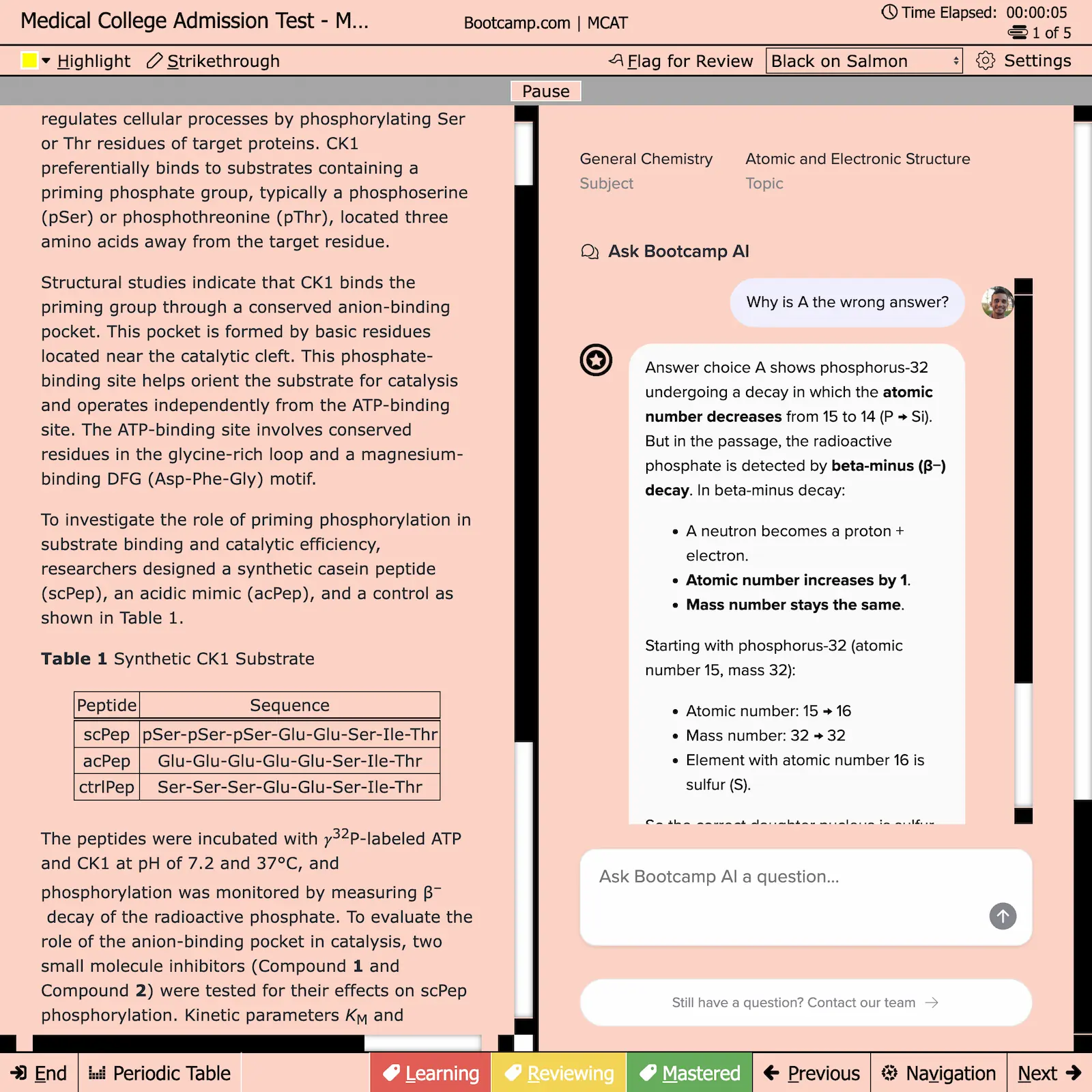 MCAT Bootcamp question interface with a science passage and an Ask Bootcamp AI answer explanation