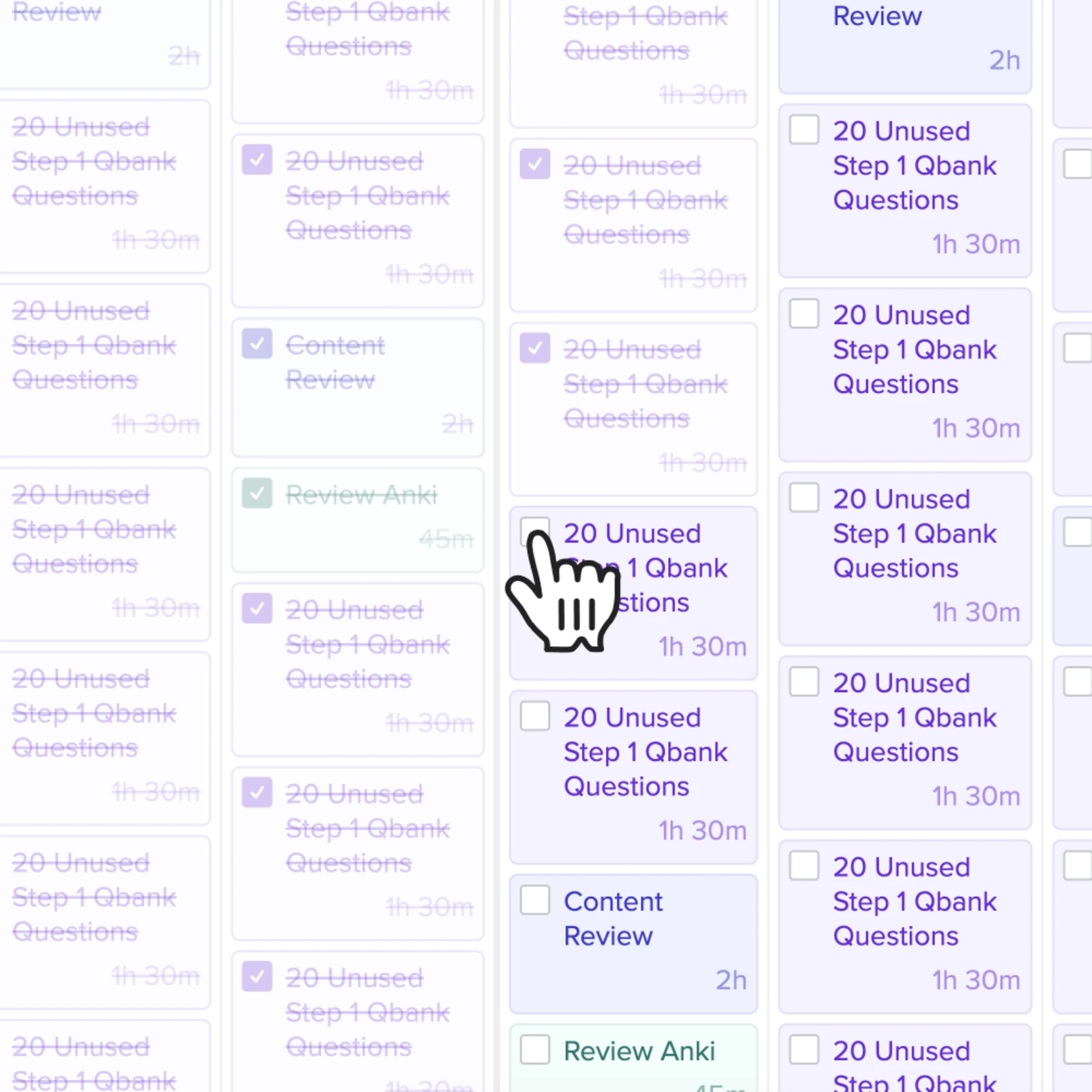 Med School Bootcamp study schedule with QBank blocks, content review, Anki review, and completion checkboxes