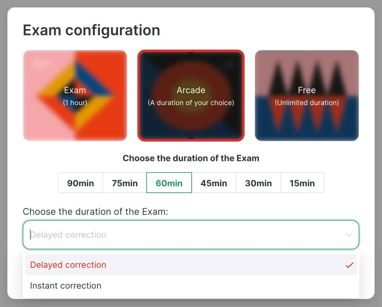 MCCQE exam simulation configuration panel showing subject and timing options