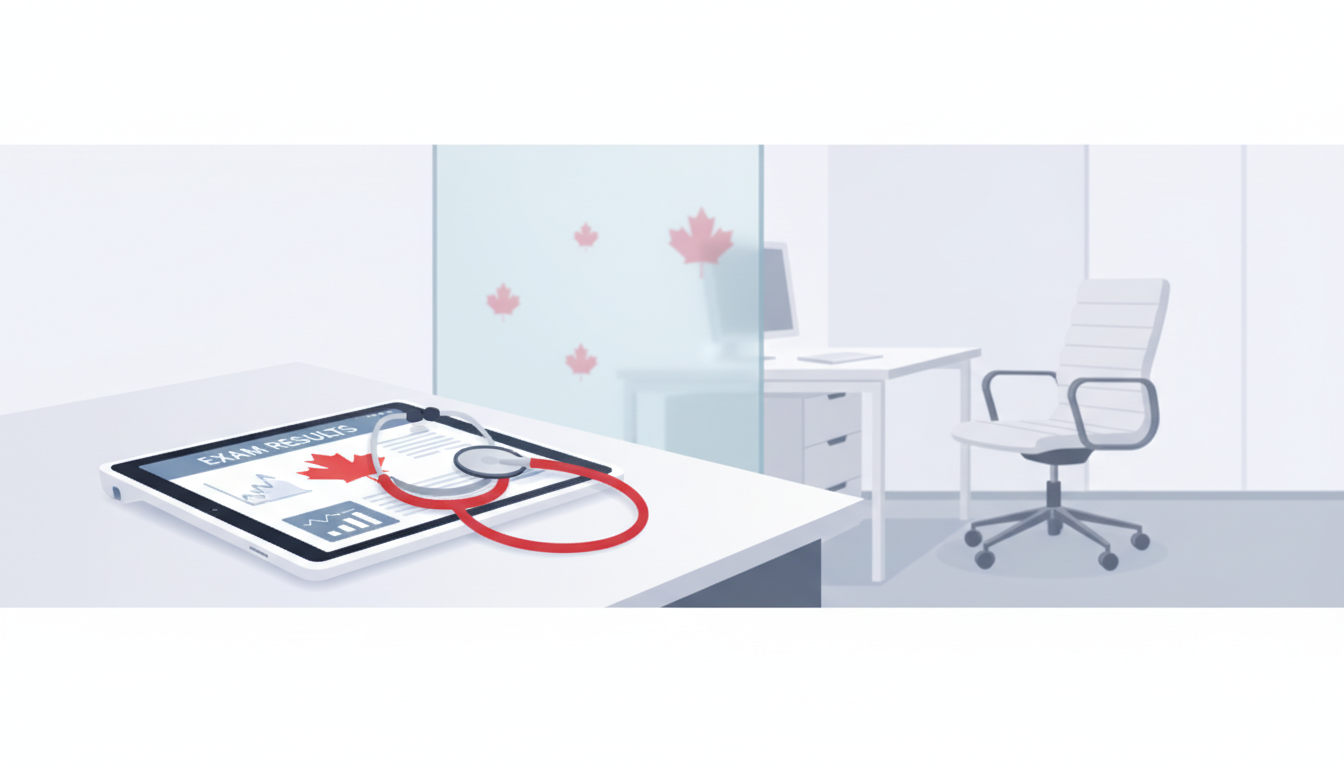 Clean modern medical office with exam results on tablet and a stethoscope