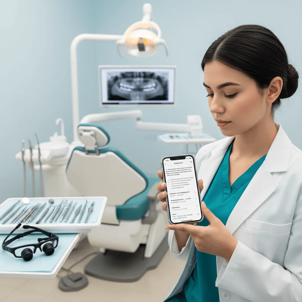 Dental student holding smartphone displaying INBDE Mastery practice question in a modern dental clinic operatory