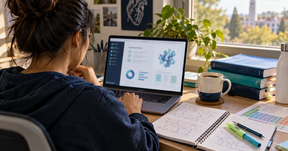 Premedical student reviewing MCAT science notes and practice material at a desk