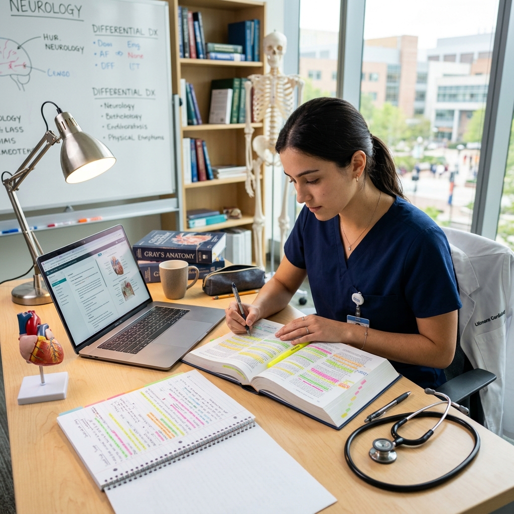 A medical student studying clinical presentations for the MCCQE Part 1 exam