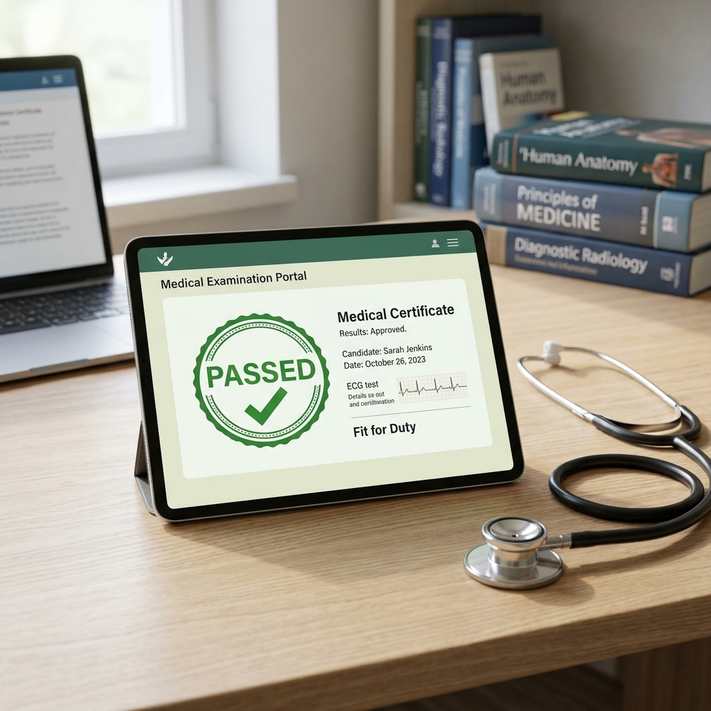 Tablet showing a passed MCCQE Part 1 score report next to a stethoscope