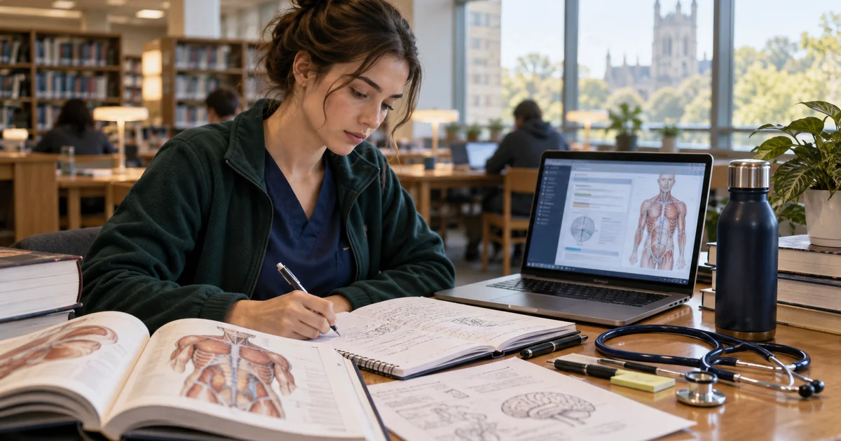 Medical student studying Step 1 anatomy and clinical science at a library desk