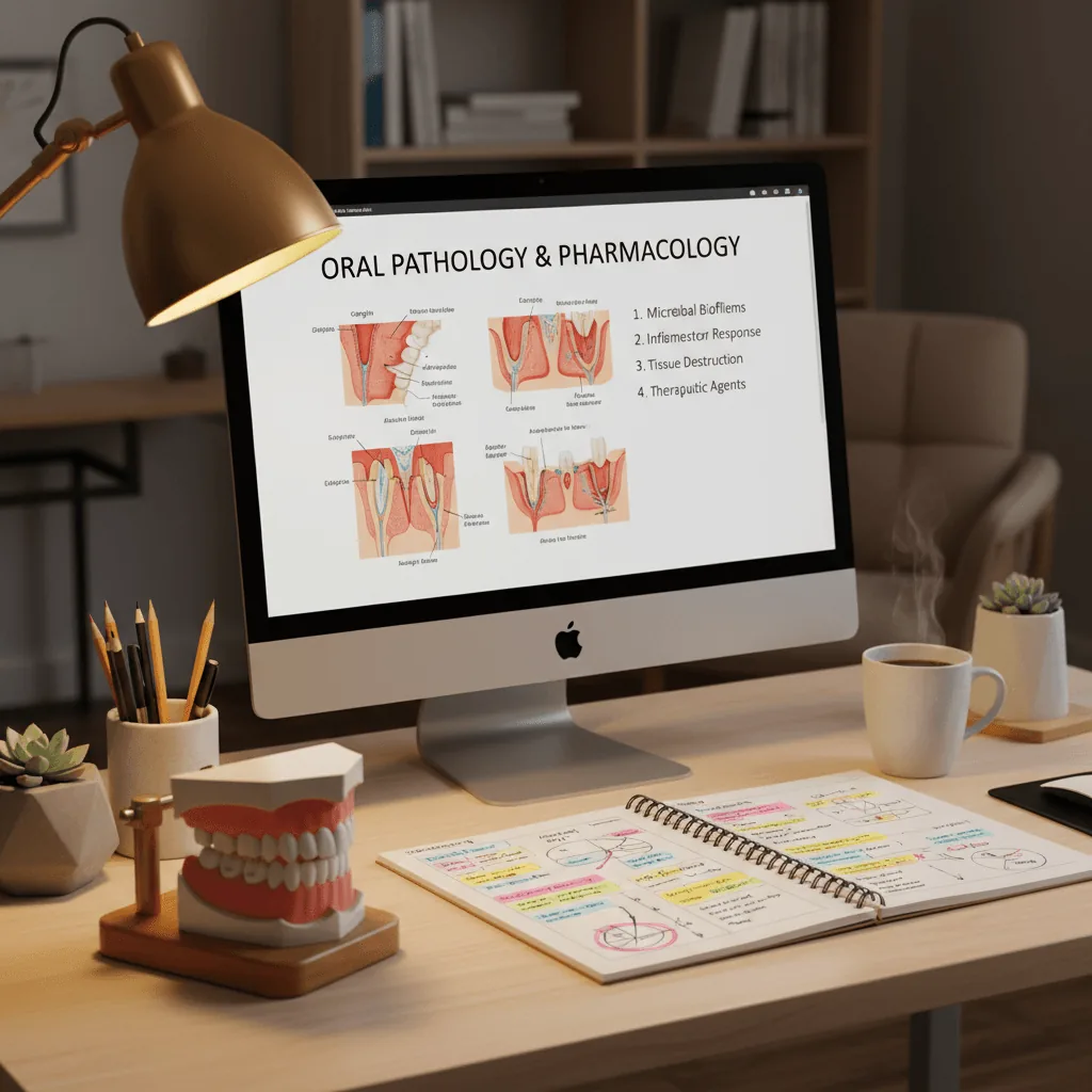 Computer setup displaying Mental Dental oral pathology lecture slides, notes, and dental tooth models