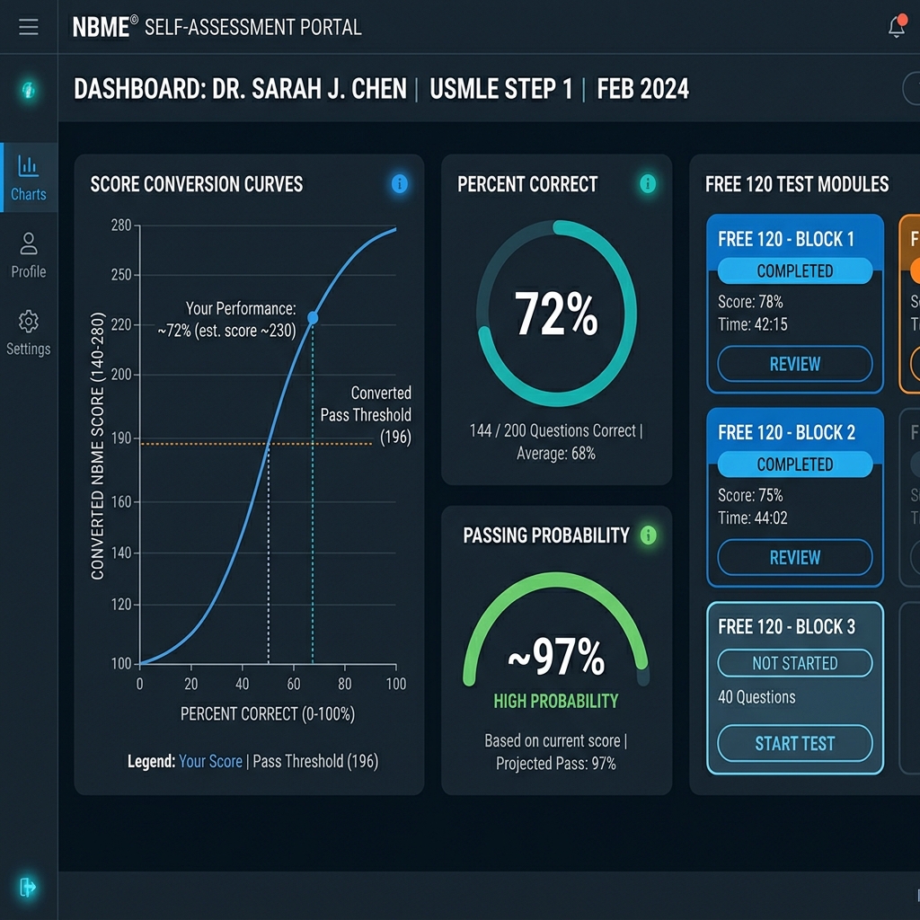 NBME score conversion and passing probability chart for Step 1