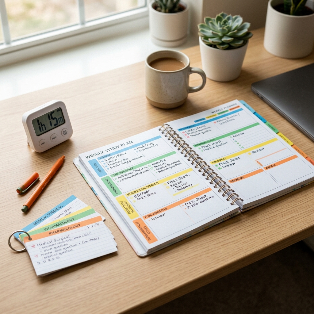 Week-by-week NCLEX study plan calendar with daily study blocks