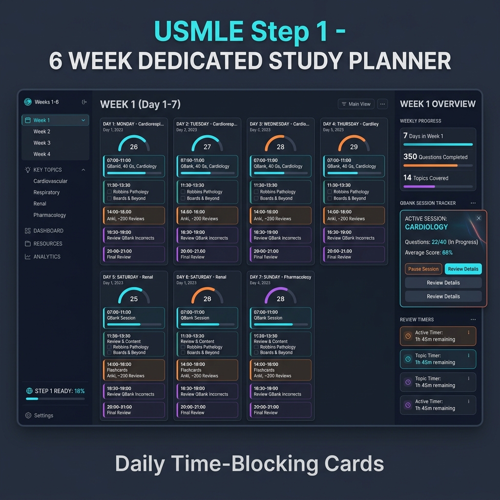 Visual 6-week dedicated study schedule calendar for USMLE Step 1